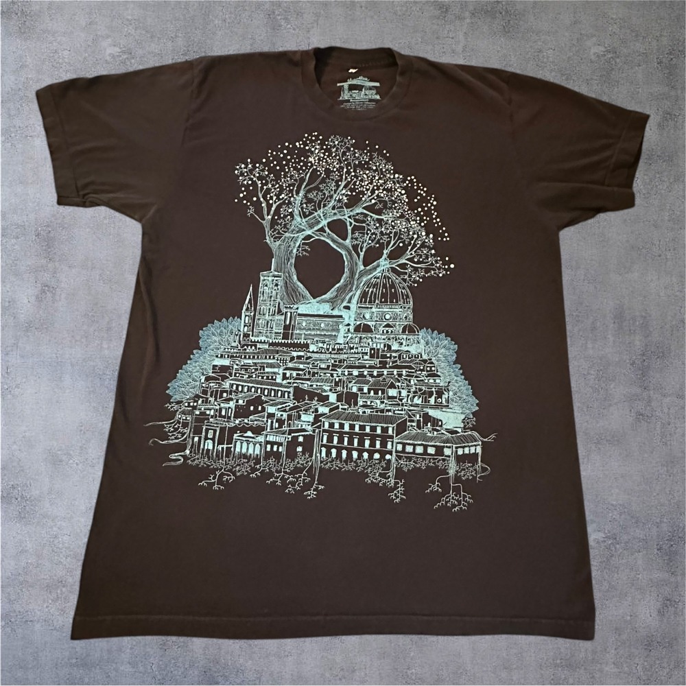 Threadless Renaissance Tee Large Guys Black Graphic Art Cityscape Tree